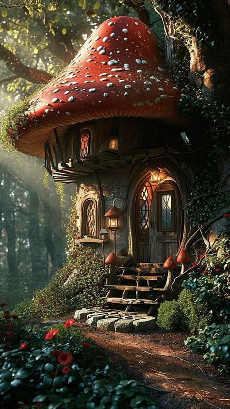 Fantasy Setting Village, Mushroom Home, Forest Cottage, Download Anime, Fairy Wallpaper, Story Art, Cute Fantasy Creatures, Building Art, Fantasy House