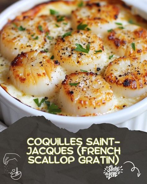 Yummy Food | Coquilles Saint-Jacques (French Scallop Gratin) | Facebook Scallop St Jacques, French Scallop Recipes, Recipes With Scallops, Coquilles St Jacques Recipe, Scallops Au Gratin, Scallop Gratin, Luscious Recipes, Scallops Recipe, Scallop Dishes