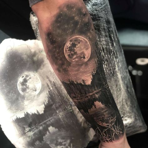 Scenery Sleeve Tattoo, Mens Outdoor Tattoo Sleeve, Forest Tattoos For Men, Woods Tattoos For Men, Waterfall Sleeve Tattoo, Full Moon Sleeve Tattoo, Outdoor Theme Tattoo Sleeve, Fall Scenery Tattoo, City To Mountains Tattoo