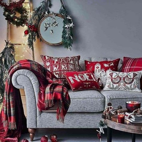 Christmas Couch Decor, Grey Christmas Decor, Christmas Sofa Decor, Christmas Lounge, Christmas Sofa, Red Christmas Decor, Grey Christmas, Traditional Christmas Decorations, Couch Decor