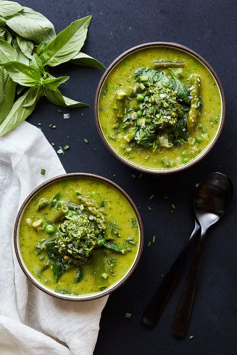 Green Minestrone Soup, Green Minestrone, Soup With Basil, Gluten Free Pesto, Plant Based Soups, Green Soup, Minestrone Soup, Homemade Pesto, Vegan Soups