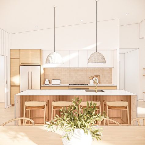 Sharing just a few of the renders for this beautiful renovation in the coastal town of Busselton, WA. A bright and happy family home with a new floorplan that has been reimagined by the talented Katrina @the_reno_life_ allowing the home to open up with a beautiful new flow and stunning high, raked ceilings! ⠀⠀⠀⠀⠀⠀⠀⠀⠀ I was delighted to help with interior concepts and renders to compliment - with selections and workarounds to bring out the best from Ikea for the Kitchen, Laundry & WIP. A new... Raked Ceiling Kitchen, Raked Ceiling, Hawaii Homes, Desert Homes, Interior Concept, Kitchen Interior, Home Deco, Building A House, Home And Family