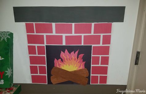 I made my own fireplace and it only cost me a dollar! - Frugalicous Marie Classroom Christmas Decorations, Christmas Skating, Christmas Art For Kids, Fireplace Art, Christmas Bulletin, Christmas Fireplace Decor, Christmas School, Christmas Classroom, Christmas Fireplace