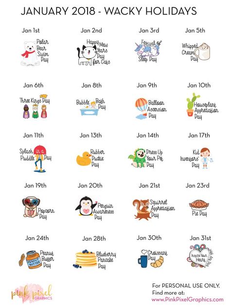 January Stickers, Monthly Holidays, Planner Hacks, Silly Holidays, Printables Planner, Journal January, Wacky Holidays, Midori Notebook, Functional Planner