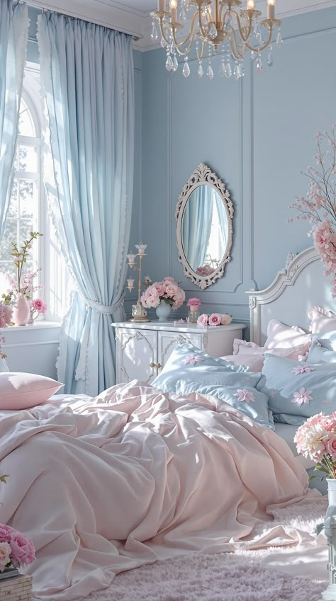 Light Blue Boho Bedroom French Blue And Pink Bedroom, Light Blue Pink Bedroom, Interior Design Bedroom Blue, Blue Pink Room Decor, Disney Room For Adults, Light Blue And Pink Bedroom Girly, Boho Butterfly Bedroom, Light Blue And Pink Bedroom Ideas, Tiffany Blue Room Ideas