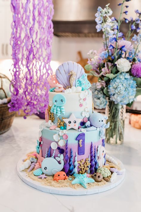 Under The Sea 1 Year Birthday Party, Two The Sea Birthday, Water Theme First Birthday Party, Oneder The Sea First Birthday, Under The Sea Birthday Girl, Under The Sea 1st Birthday Party, One See The Sea Birthday, Under The Sea First Birthday Party, Sea Theme Birthday Cake