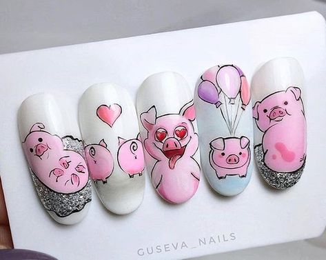 Pig Nail Art, Valentines Nails Acrylic, Pig Nails, Nail Noel, Animal Nail Designs, Unghie Nail Art, Animal Nail Art, Gel Nail Art Designs, Nail Art Disney