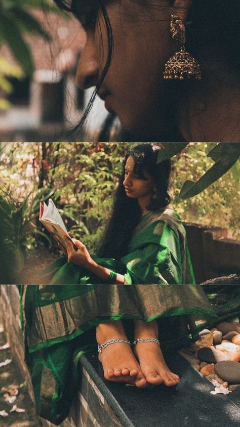 Green Saree Photoshoot, Indian Vintage Wallpaper, Vintage Indian Aesthetic Fashion, Green Saree Poses, Aesthetic Self Portrait Ideas Vintage, Vintage Saree Aesthetic, Vintage Indian Photography, Indian Vintage Photography, Indian Aesthetics Traditional