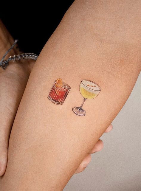 Life Of The Party Tattoo, Old Fashioned Tattoo Drink, Whiskey Sour Tattoo, Negroni Tattoo Ideas, Gin Tattoo Ideas, Cocktail Tattoo Ideas, Old Fashioned Drink Tattoo, Coupe Glass Tattoo, Old Fashioned Cocktail Tattoo