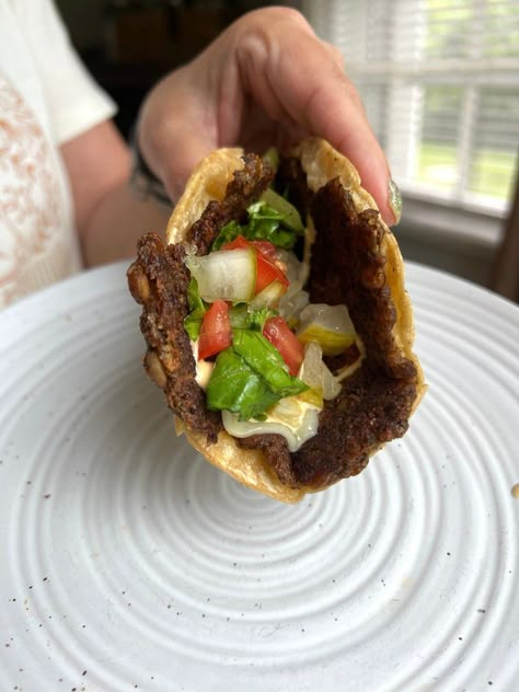 Lentil Smash Burger Taco Smash Burger Tacos, My Bizzy Kitchen, Burger Tacos, Light Summer Meals, Lentil Tacos, Canned Lentils, Lentil Burgers, Plant Based Burgers, Plant Based Diet Recipes