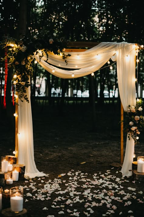 Wedding Photo Booth Simple, Wedding Ceremony Archway, Wedding Arch With Lights And Tulle, Wedding Arch With Tulle, Wedding Arch Photo Booth, Wedding Arch Ideas Lights, Wedding Arches With Lights, Wedding Arbors Outdoor Ceremony Arch, Square Arbor Wedding