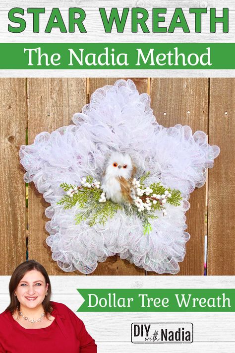 NO-FRAY Deco Mesh Star Christmas Winter Wreath Dollar Tree DIY Tutorial | The Nadia Method Star Wreath Christmas, Star Shaped Deco Mesh Wreath, Dollar Tree Christmas Star Wreath, Burlap Ruffle Wreath Tutorial, Christmas Star Wreaths Diy, How To Make A Star Wreath, Christmas Star Wreath Ideas, Star Wire Wreath Frame Ideas, Star Mesh Wreath