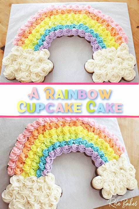 Rainbow Theme Table Decorations, Rainbow Party Desserts, Rainbow Cupcake Pull Apart, Rainbow Theme Cupcakes Ideas, Rainbow Birthday Party Desserts, Rainbow Cupcakes Cake, Rainbow Birthday Party Cupcakes, Dye Free Rainbow Cake, Rainbow Birthday Cupcake Cake