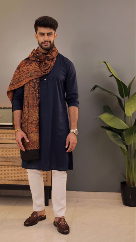 #wedding #fashion #weddingideas Kurta With Shawl Men, Outfit With Shawl, Model Wardrobe, Kurta Ideas, Indian Wedding Suits Men, Celebration Outfit, Mens Shawl, Pajama Men, Mini Closet