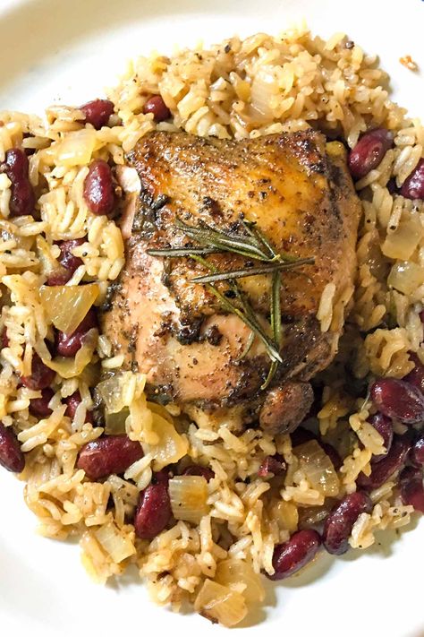 One Pan Jerk Chicken with Red Beans and Coconut Rice - Chicken Fried Kitchen Jerk Chicken And Rice, Coconut Chicken Recipe, Red Beans N Rice Recipe, Beans In Crockpot, Coconut Rice Recipe, Salt And Pepper Chicken, Red Beans And Rice, Southern Dishes, Beans And Rice