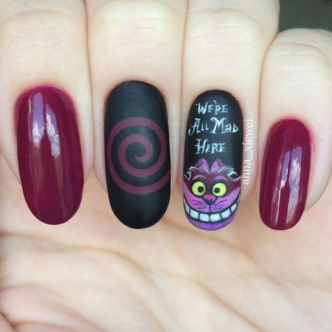 Alice In Wonderland Nails, Cat Mad, Wonderland Nails, Mad Hatter Alice In Wonderland, Hatter Alice In Wonderland, Nail School, Character Nails, Disney Inspired Nails, Disney Acrylic Nails