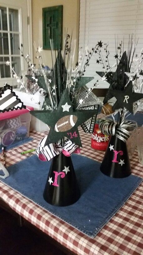 Megaphone Centerpieces Cheer Party Centerpieces, Megaphone Centerpiece Ideas, Megaphone Centerpieces, Cheer Centerpieces Banquet Ideas, Cheer Banquet Ideas Table Centerpieces, Megaphone Decorating Ideas, Cheer Centerpieces, Cheerleading Banquet, Banquet Decoration Ideas