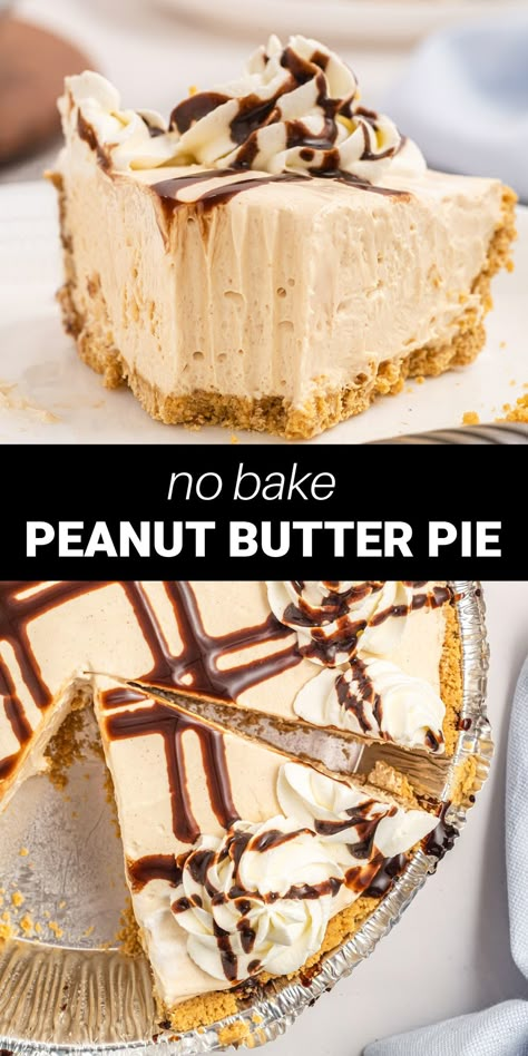 This easy No Bake Peanut Butter Pie is a silky smooth, rich and decadent dessert sure to please all the peanut butter fans in your life! Featuring a sweet and creamy peanut butter filling in a graham crack crust with a whipped cream topping, this one insanely delicious pie! Peanut Butter Creme Pie, Peanut Butter Pie Frozen, Peanut Desserts Easy, Peanut Butter Cool Whip Pie, Whipped Peanut Butter Pie, Whipped Topping Dessert Recipes, Freezer Peanut Butter Pie, Peanut Butter Pie With Graham Crust, Easy Peanut Butter Pie No Bake