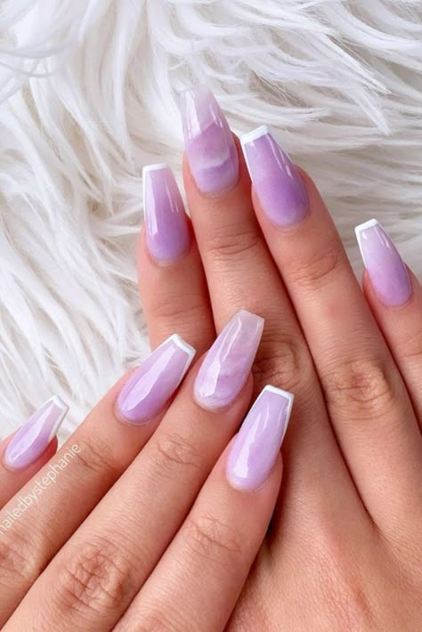 White Lavender Nails Design - Cute Summer Nails Look 💅 Classy Coffin Nail Designs, White And Purple Nails, Nails Violet, Birthday Nail Designs, Violet Nails, Unghie Sfumate, Violet Pastel, Lilac Nails, Nail Techniques