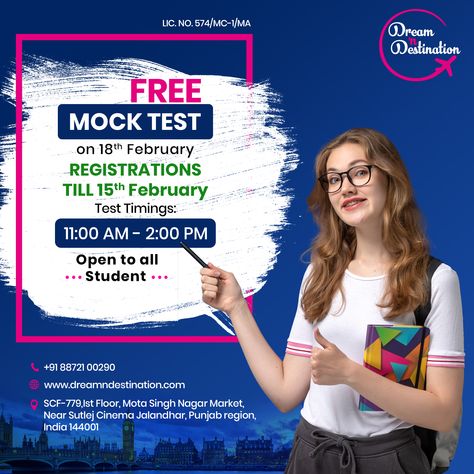 Dream 'n Destination is pleased to announce a free mock test that helps you to start preparing for the real thing. Anyone can join, register yourself till Monday. Hurry up only limited seats are available. Dream 'n Destination ☎️ Call:088721 00290 📧 Email: rajnibala8572@gmail.com 🏠 Address: SCF-779, Ist Floor, Mota Singh Nagar Market, Near Sutlej Cinema Jalandhar, Punjab region, India 144001 #freemocktest #ieltsfreemocktest #ieltsprepration #ieltsexam #dreamndestination Mock Test, To Start, India, Marketing