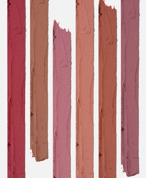 Lip Liner Swatches, Lipstick Texture, Lip Liner Product Photography, Lipstick Texture Photography, Liquid Lipstick Packaging, Lipstick Tube Design, Cream Highlighter, Makeup Class, Lipstick Swatches