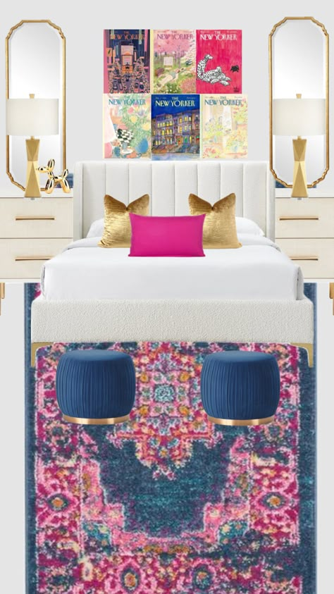 #myfirstshuffle Hot Pink Navy And Gold Bedroom, Navy And Hot Pink Bedroom, Cheetah Dorm Room Ideas, Navy And Pink Dorm Room, Turquoise Bedroom Ideas For Adults, Colorful Airbnb, Navy Blue And Pink Bedroom, Modern Colorful Bedroom, Cheetah Bedroom