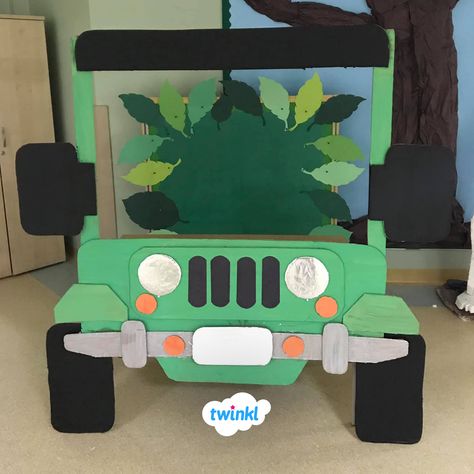 🍃🚙 Rainforest Jeep Photo Booth 📸🍃 Mike created this amazing photobooth ready for the new term! It looks fantastic 😍 Click to find more rainforest and jungle-themed teaching ideas over on the Twinkl website.   #jungle #jungleclassroom #classroomideas #classroominspiration #photobooth #teaching #teacher #teachingresources #teachingideas #teachersfollowteachers #teachersofinstagram #education #twinkl #twinklresources #rainforest #backtoschool Diy Safari Jeep Photo Booth, Jeep Photo Booth, Jeep Photoshoot Ideas, Rainforest Layers, Safari Photo Booth, Car Photo Booth, Jeep Photoshoot, Jungle Backdrop, Amazon Rainforest Animals