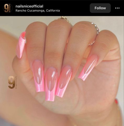 Pink Nails With Chrome Tips, Pink On Pink Chrome Nails, Pink Chrome Birthday Nails, Pink Chrome French Tip Nails Coffin, Pink And French Nails, Neon Pink Birthday Nails, Pink Metallic Acrylic Nails, Pink Crome Nails Square, Pink Chrome Nails With Rhinestones