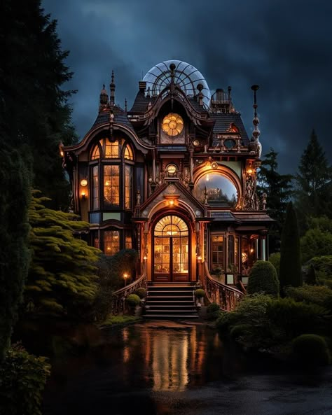 Tour through a Victorian Steampunk Mansion 🏠💡⚙️✨️ Dark Victorian Mansion Exterior, Steampunk Exterior, Dark Victorian Mansion, Fantasy Mansion Art, Steampunk House Exterior, Academy Exterior, Victorian Gothic House Exterior, Victorian Mansion Aesthetic, Victorian Mansion Exterior