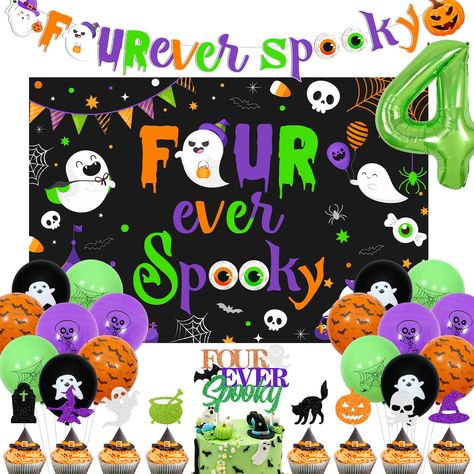 PRICES MAY VARY. You will receive: 1pc four ever spooky backdrop 3*5ft, 16pcs latex balloons 12inches(4 black, 4 orange, 4 green, 4 purple), 16pcs cupcake toppers, 1pc four ever spooky cake topper, 1pc pink number 4 foil balloon 40inches, 1pc four ever spooky birthday banner and 1 roll of white ribbons. Purple green four ever spooky banner: The four ever spooky banner with cute boo pattern, is adorable and vivid; The banner is needed by yourself so you can hang it anywhere you like; This birthda Halloween Third Birthday, Halloween Birthdays, 4 Ever Spooky Birthday, Four Ever Spooky Birthday Party, Halloween Birthday Party For Kids, 4th Birthday Party For Boys Theme, 4th Birthday Theme, 4th Birthday Party For Boys, Happy Birthday Halloween