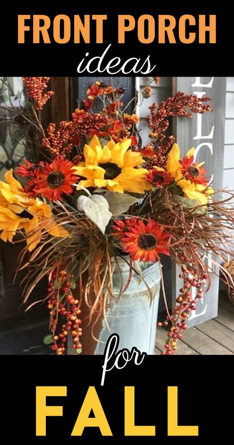 Fall Porch With Lanterns, Fall Displays Outdoor Front Porch, Artificial Fall Planter Ideas, Easy Fall Front Porch Decor Ideas, Fall Outdoor Planter Ideas Artificial, Faux Plants For Front Porch Fall, Harvest Front Porch Ideas, Fall Decor Ideas For The Home Front Yard, September Porch Decor