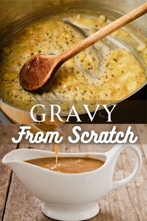 Indulge in the rich, homemade goodness of our from-scratch gravy recipe. Crafted with love, this flavorful gravy starts with pan drippings, thickened with a golden roux, and seasoned to perfection. It's the ideal finishing touch to elevate your favorite roast or Thanksgiving feast. Experience the magic of homemade comfort on your plate. #HomemadeGravy #FromScratch #ComfortFood" Homemade Gravy No Drippings, Pan Drippings Gravy, Gravy Roux Recipe, Homemade Noodles And Gravy, Homemade Gravy From Roast Drippings, Gravy Master Brown Gravy Recipe, Homemade Gravy Recipe Easy, Pork Gravy From Drippings, Cornstarch Gravy Recipes