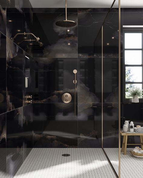 Revive your bathroom into a serene oasis with Tile Club’s exquisite collection of tiles. From elegant marble to vibrant mosaics, our tiles bring style and sophistication to any space. 🌿✨ #TileClub #BathroomGoals #ShowerDesign #InteriorDesign #HomeDecor #TileInspiration Black Marble Wall Bathroom, Black On Black Shower Tile, Black Shower Tiles Ideas, Bronze And Black Bathroom, Black Marble Shower Walls, Black Marble Bathroom Ideas, Black Marble Bathroom Floor, Black Marble Tile Bathroom, Black Gold And White Bathroom