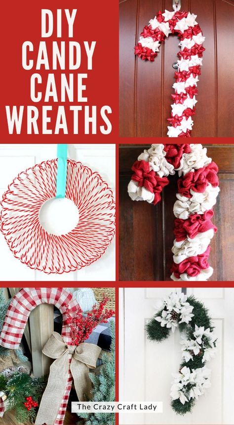 DIY Candy Cane Wreaths Peppermint Candy Wreath Diy, Wire Candycane Wreath, Candy Cane Shaped Wreath, Wire Candy Cane Craft, Diy Candycane Wreaths, Diy Christmas Wreaths Dollar Store, Dollar Tree Candy Cane Wreath Form Ideas, Candy Cane Wreath Ideas, Dollar Tree Candy Cane Wreath Form