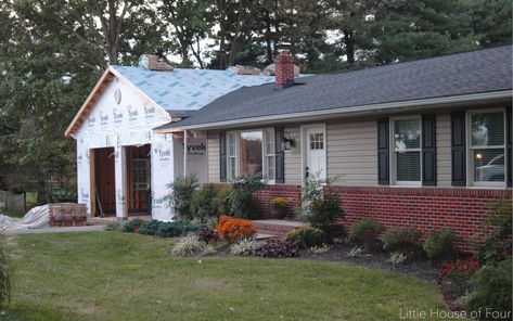 Addition To Ranch House, Garage Addition Ideas, Craftsman Style Front Doors, Ranch House Remodel, Brick Steps, Garage Addition, Building A Garage, Garage Renovation, Ranch Remodel