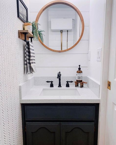 29 Lovely Small Powder Room Ideas That Make a Big Impact Mirror And Floating Shelf, Powder Room Wallpaper Accent Wall, Shiplap And Wallpaper, Accent Wall Farmhouse, White Brick Accent Wall, Wallpaper Accents, Small Powder Room Ideas, Modern Black Vanity, White Powder Room