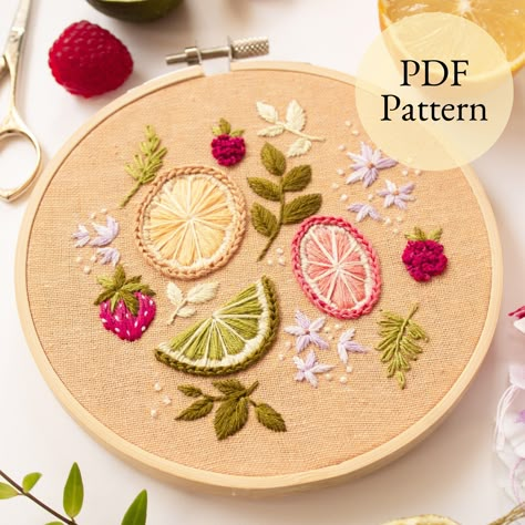 Cross Stitch Patterns Raspberry Embroidery Patterns, Fruit Embroidery Patterns Easy, Citrus Embroidery Pattern, Hand Embroidered Fruit, Orange Embroidery Fruit, Grapefruit Embroidery, Lemon Embroidery Pattern, Embroidery Citrus, Hand Embroidery Fruit