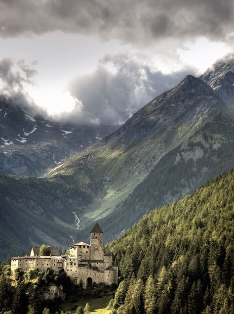 Castle Taufers in South Tyrol Castle In Mountains, Castle In Forest, Castle In The Middle Of The Forest, Castle Surrounded By Forest, South Tyrol Italy, Mountain Castle, Bookstagram Posts, Dramatic Fashion, Romantic Backdrop