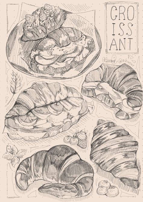 Croissant Art Drawing, Fantastical Sandwich Drawing Laguardia, Croissant Drawing Sketch, How To Draw A Croissant, Crossaint Drawing, Food Sketch Pencil, Pastry Sketch, Croissant Sketch, Art Class Drawing Ideas