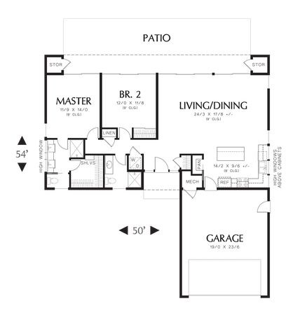 Main Floor Plan of Mascord Plan 1160A - The Galway - Simplicity, Convenience and Plenty of Room to Grow Small Modern Farmhouse Plans, L Shaped House Plans, L Shaped House, 2 Bedroom House Plans, Ranch House Plan, Modern Style House Plans, 2 Bedroom House, Bedroom Floor Plans, Bedroom Floor