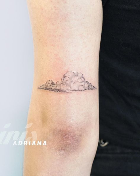 Clouds Tattoo Fine Line, Cloud Tattoo Placement, Fineline Cloud Tattoo, Clouds And Sunrays Tattoo Design, Delicate Cloud Tattoo, Cloud Knee Tattoo, Fluffy Cloud Tattoo, Minimalist Sky Tattoo, Cloud Wrap Around Tattoo