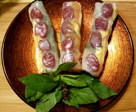 Spring Rolls With Chinese Sausages (Bo Bia) Chinese Sausage Recipes, Sausages Recipe, Red Leaf Lettuce, Vietnamese Spring Rolls, Chinese Sausage, Printable Recipes, Peanut Dipping Sauces, Pickled Carrots, Dipping Sauces Recipes