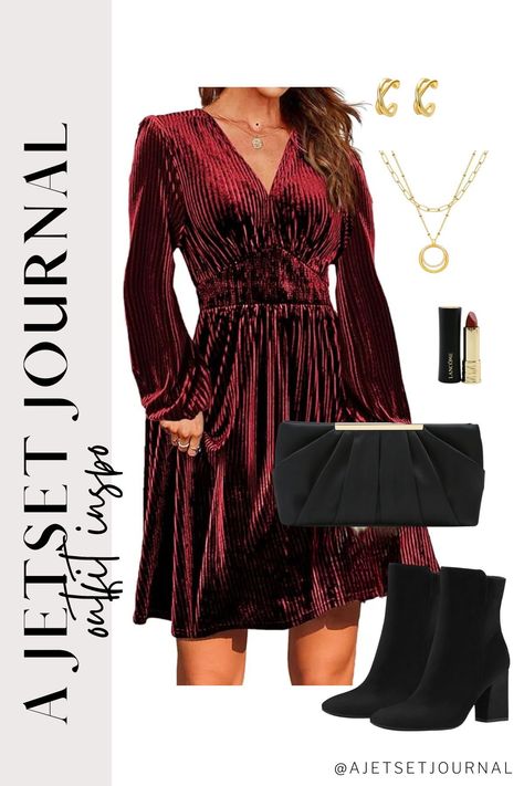 These Christmas outfits are absolutely gorgeous – they make me want to find more new years parties to go to this season so I can wear them all! From this classic velvet v-neck wrap dress in this beautiful ruby red color to classic little black dresses. Dresses with boots are so on trend right now, I love these chunky winter heels! A clutch purse is the perfect bag to carry with you, I love this black clutch bag with a chain strap and gold details. Get more new years eve party ideas HERE! Velvet Wrap Dress Outfit, Velvet Dress Outfit Winter, Red Velvet Dress Outfit, Velvet Dress Outfit, Burgundy Holiday Dress, Dresses With Boots, New Years Eve Party Ideas, Velvet Dresses Outfit, Dark Green Velvet Dress