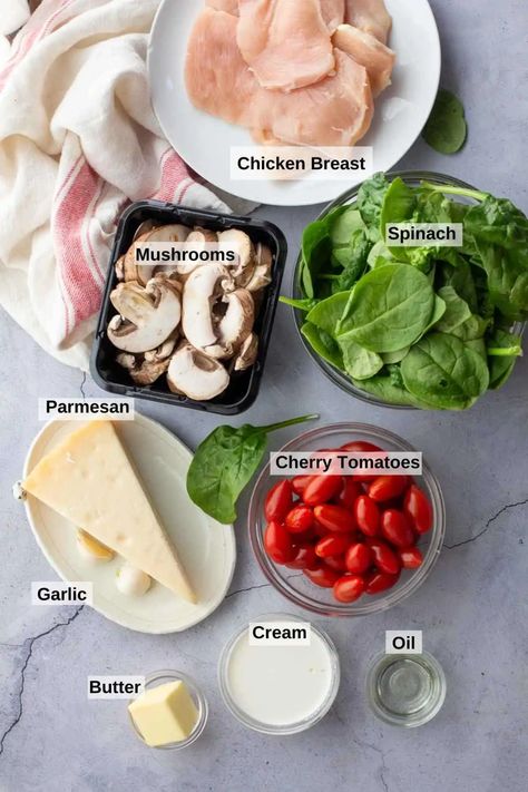 Chicken Spinach Tomato Recipe, Mushroom Tomato Recipe, Chicken Mushroom Spinach, Chicken Spinach Mushroom, Spinach Feta Chicken, Burst Cherry Tomatoes, Chicken Spinach Recipes, Tiktok Chicken, Chicken Recipes With Tomatoes