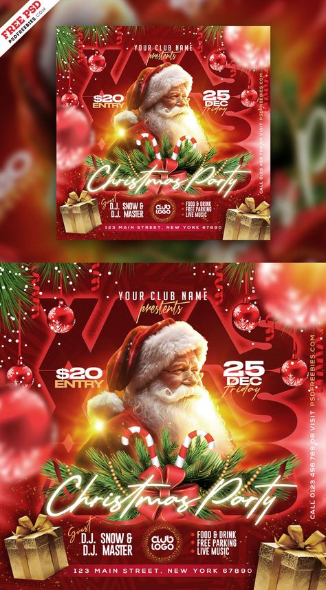 Download Free Merry Christmas Party Instagram Post PSD. A modern, beautiful and unique template, poster, invitation design for Christmas Night Party. This Christmas Night Party post can be used for any holiday party, birthday party, new year’s eve party or any classy nightclub event. It’s the perfect choice for creating a buzz and getting everyone excited for the event. Happy Christmas Poster, Christmas Party Graphic Design, Christmas Party Flyer Design, Christmas Ads Design, Creative New Year Post, Christmas Pubmat, Xmas Poster Design, Christmas Poster Design Graphics, Poster Noel