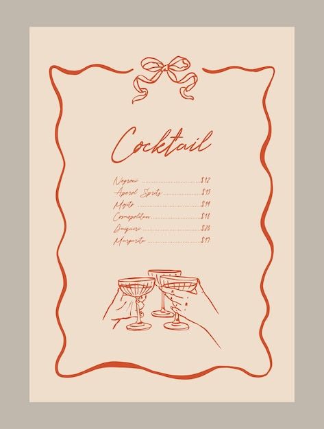 Vector elegant cocktail menu template wi... | Premium Vector #Freepik #vector Simple Cocktail Menu Design, Cocktail Menu Illustration, Cocktail Menus Design, Drink Card Design, Drinks Menu Ideas, Aesthetic Menu Design, Cute Menu Design, Drinks Menu Design, Menu Aesthetic