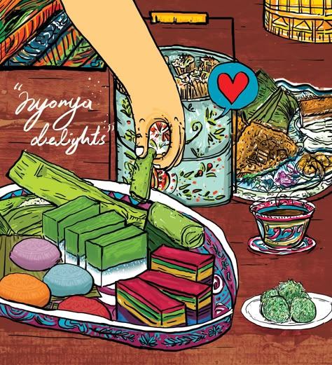 Peranakan Food Illustration, Kuih Raya Illustration, Peranakan Painting, Nonya Kebaya, Malaysian Illustration, Peranakan Pattern, Poster Merdeka, Peranakan Art, Baba Nyonya