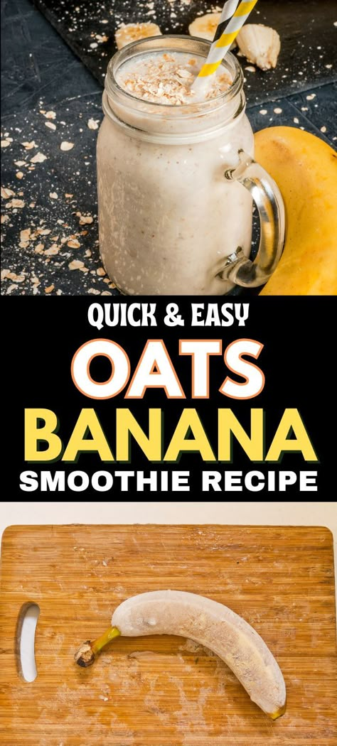 Banana Oatmeal Smoothie in a glass with a banana and oats beside it. Quick, nutritious breakfast option for busy mornings. Banana Oatmeal Smoothie Recipe, Banana Smoothie Recipe Healthy, Oat Milk Smoothie, Oatmeal Smoothies Healthy, Oatmeal Shake, Reflux Friendly Recipes, Healthy Morning Smoothies, Acid Reflux Friendly Recipes, Oats Smoothie Recipes