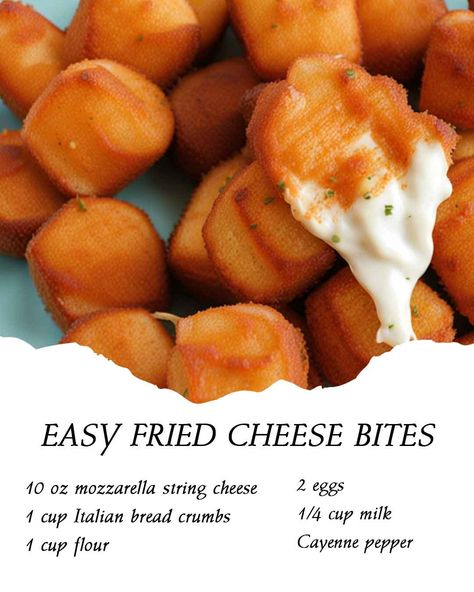 EASY FRIED CHEESE BITES Fried Cheese Bites, Fried Cheese Sticks, Italian Bread Crumbs, Fried Cheese, String Cheese, Mozzarella Sticks, Cheese Bites, Cheese Sticks, Cheese Fries