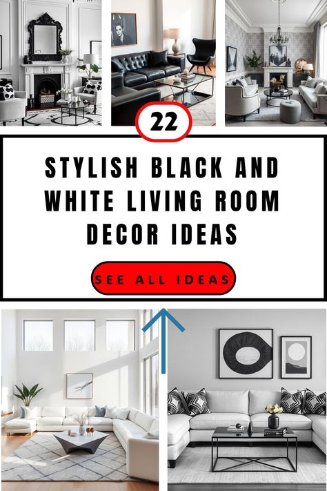 Collage of elegant black and white living room decor ideas with minimalist furniture and accents. Living Room Black Accents, White Living Room Aesthetic, White Living Room Decor Ideas, Black And White Living Room Ideas, Living Room Black And White, White Living Room Ideas, Black And White Living Room Decor, White Living Room Decor, Living Room Aesthetic